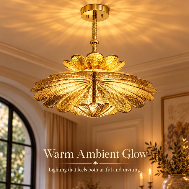 Handmade Brass Flower Ceiling Light, Floral Semi Flush Mount, Hammered Brass Chandelier, Vintage Lotus Ceiling Fixture, Art Deco Lighting For Sale - Image 13 of 18