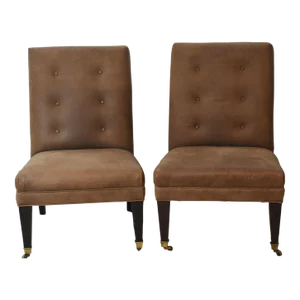 Baker Furniture Tullip & Crown Club Chairs Tufted Leather Upholstery - a Pair