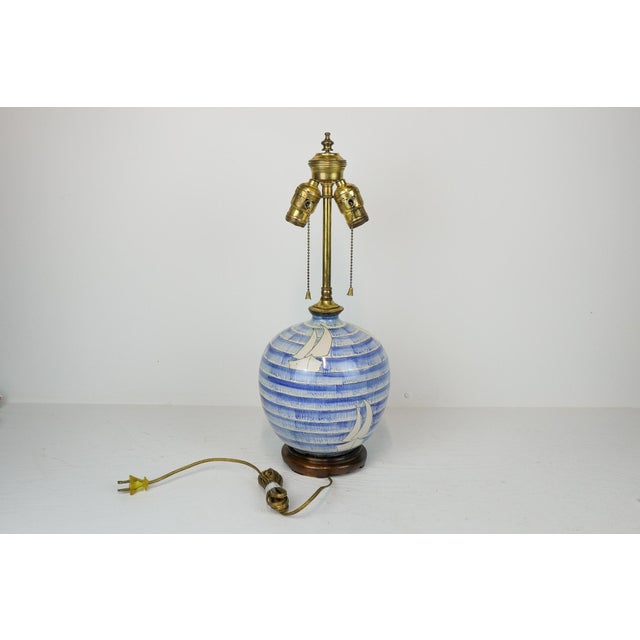 Blue and White Mid Century Studio Pottery Table Lamp With Sailing Motif and Dual Pull Chain Lights For Sale - Image 12 of 12