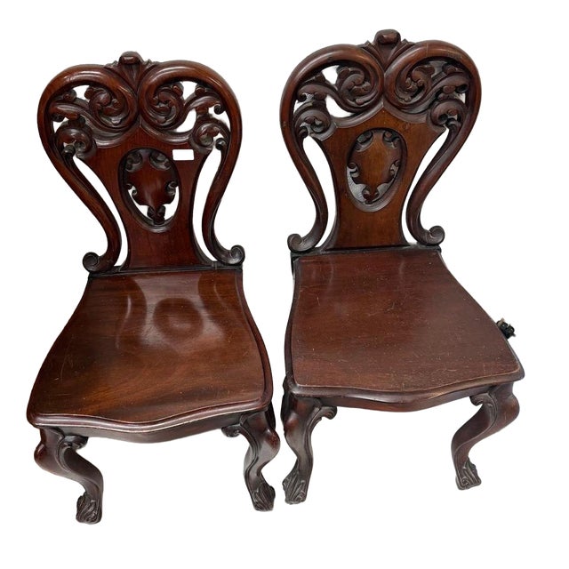 Antique Mahogany Hall Chairs, 1890s, Set of 2 For Sale