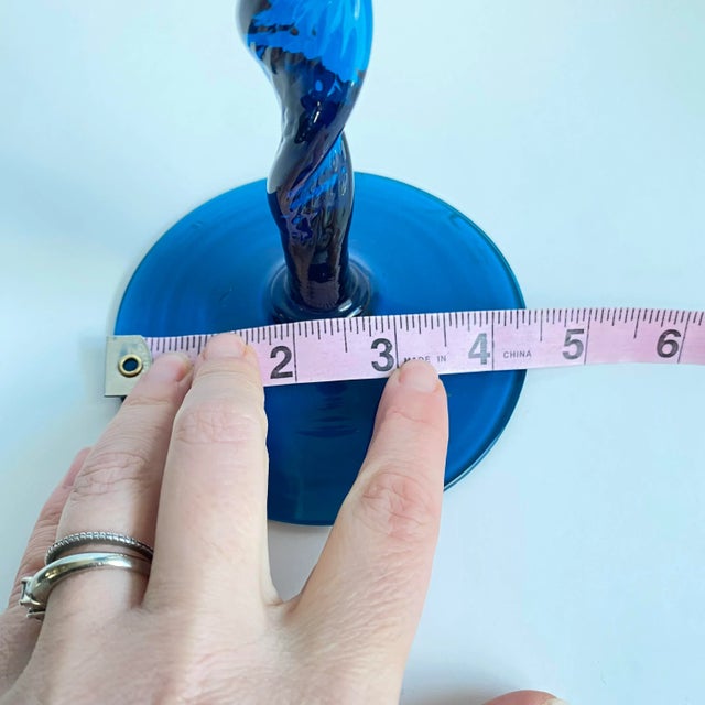 Mid Century Modern 1960s Empoli Italian Art Glass Compote Vase Teal Blue Colored Twisted Snifter 13” Tall For Sale - Image 9 of 10