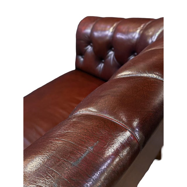 Wood Swedish Chesterfield Sofa or Settee of Tufted Patinated Oxblood Leather For Sale - Image 7 of 15