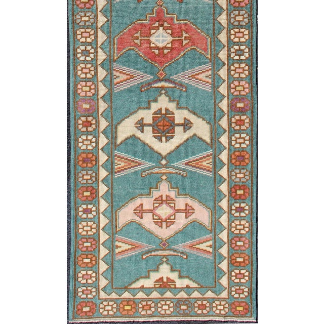 Tribal Vintage Turkish Oushak Runner With Teal, Rust, Ivory, and Lavender Tones For Sale - Image 3 of 13