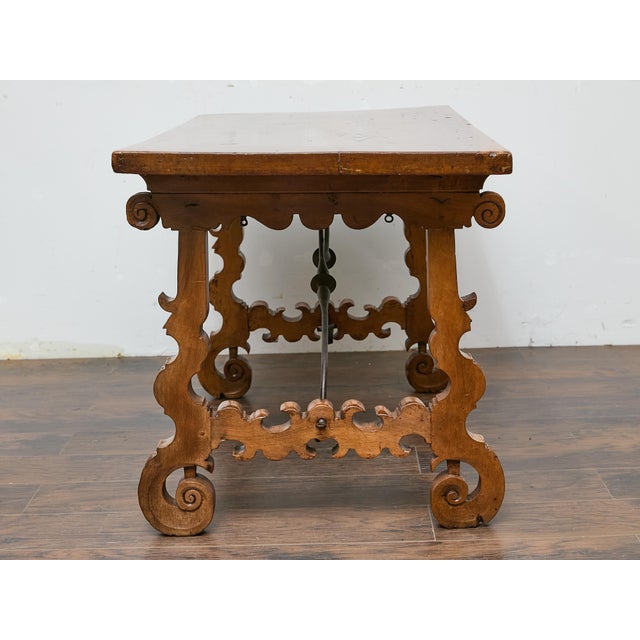 Brown Spanish 18th Century Walnut Fratino Table with Carved Legs and Iron Stretcher For Sale - Image 8 of 12