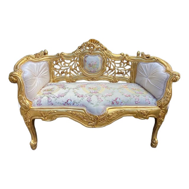 Vintage French Louis XVI Settee in Gilded Beech Wood, Mint Damask & Cream Velvet For Sale