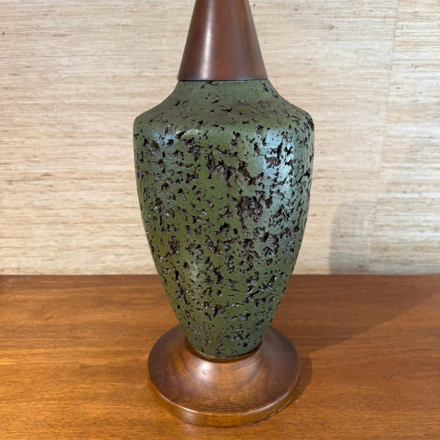 Mid 20th Century Pair of Mid Century Modern Walnut and Ceramic Cork-Style Table Lamps With Original Shades For Sale - Image 4 of 11
