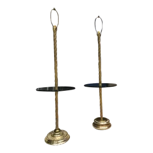 Pair of Brass Twist Floor Lamps With Glass Tray Tables Manner of Stiffel