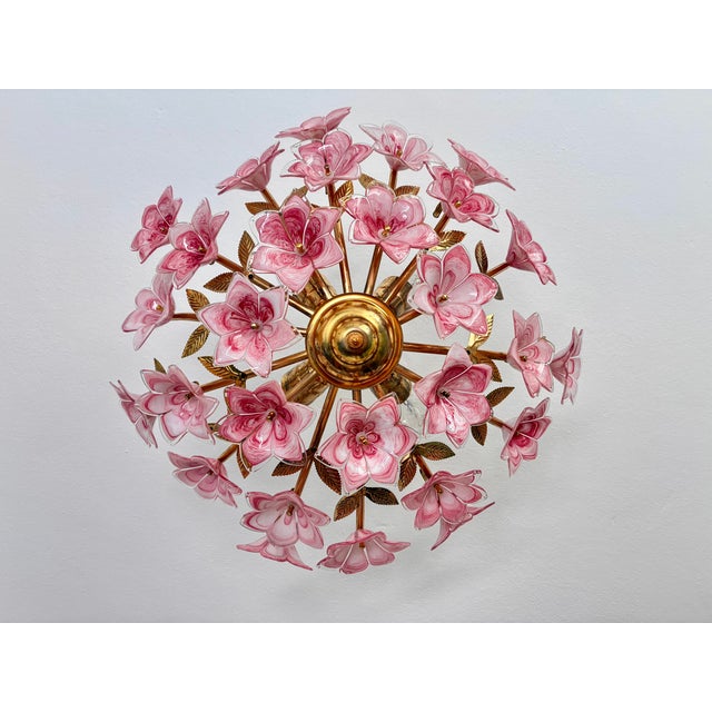 Vintage Murano Glass Floral Chandelier – Rare Deep Pink Flowers, Flush Mount For Sale - Image 13 of 18