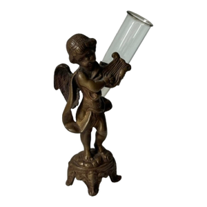 Vintage Bronze or Brass Cherub Figurine Holding a Lyre and a Glass Vase