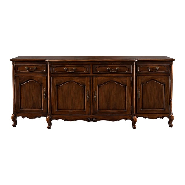 Early 20th Century French Provincial Walnut Sideboard Buffet With Pull-Out Serving Slide — Carved Cabriole Legs, Original Key For Sale
