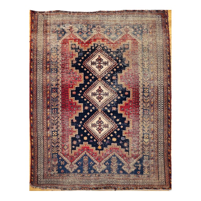 Vintage Persian Afshar Tribal Rug, Hand-Knotted Wool, Geometric Pattern, Navy & Red, 6x7 For Sale