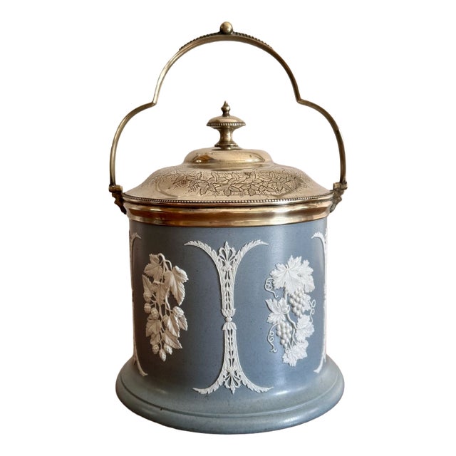 Antique Victorian Jasperware Biscuit Barrel, 1880 For Sale