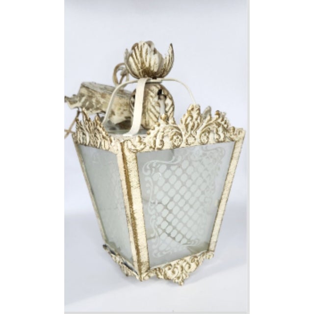 Vintage Tole and Etched Glass Panel Pendant Lantern For Sale - Image 4 of 12