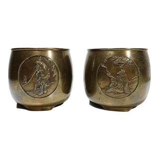 Antique Japanese Bronze Vases a Pair– Petite Form, Figural Relief For Sale