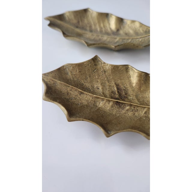 Metal Pair of Vintage Italian Solid Brass Holly Leaf Trinket Dishes For Sale - Image 7 of 8