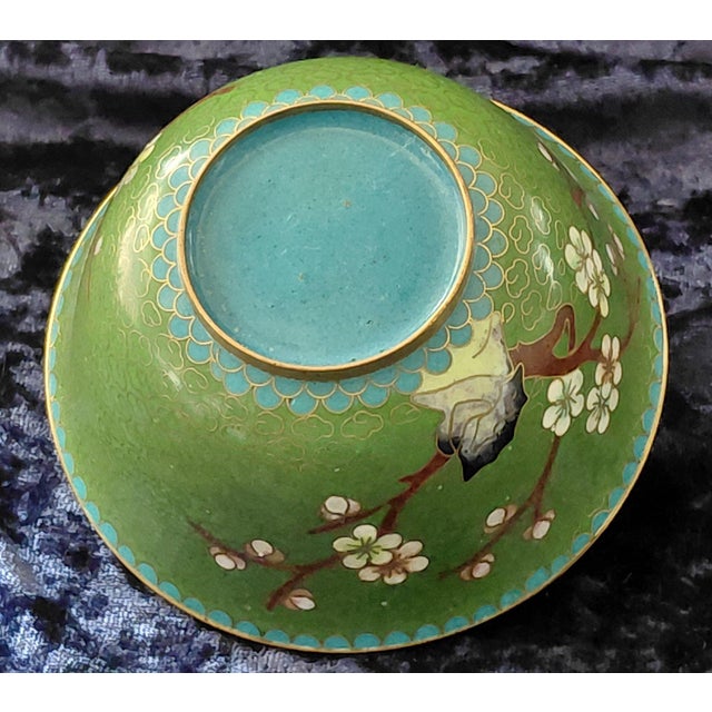 Vintage Chinese Green Cloisonné Covered Bowl With Blossom Motif For Sale - Image 4 of 5