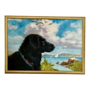 Original Bob Fujitani Framed Oil Painting of Black Dog Looking Over Water at Todds Point in Greenwich