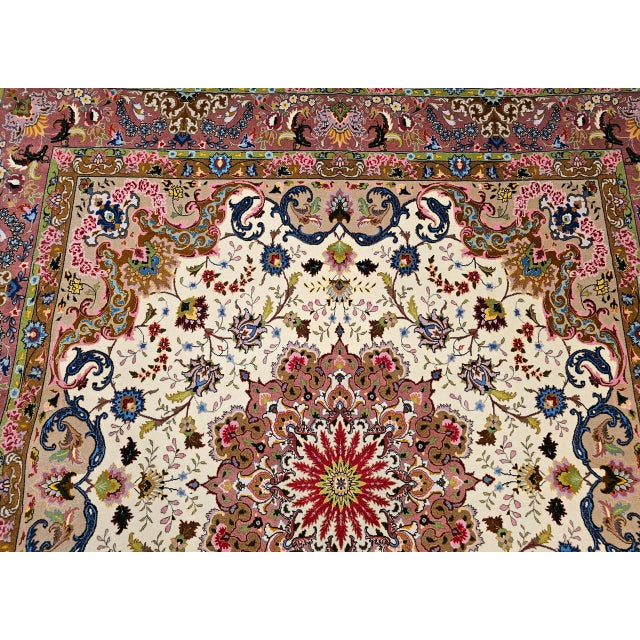 Vintage Persian Tabriz Square Area Rug, Hand-Knotted Wool & Silk, Fine Medallion Floral Pattern, Ivory & Pale Pink, 7x7 For Sale - Image 9 of 16