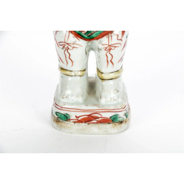 Figurative Antique 17th Century Chinese Kangxi Porcelain Figure of Laughing Ho Ho Boy Holding Vase in Famille Vert Glaze For Sale - Image 3 of 13