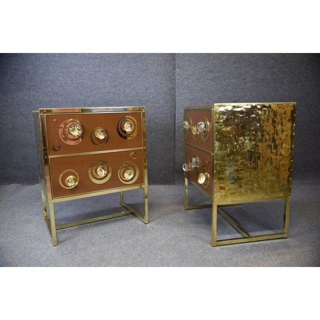 Pair of Luxurious Brown Bedside Tables With Glass & Brass For Sale - Image 10 of 12