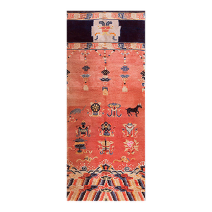 1920s Salmon Eight Auspicious Symbols Antique Chinese Ningxia Pillar Carpet 3'7'' X 8'10'' Knotted Wool Rug