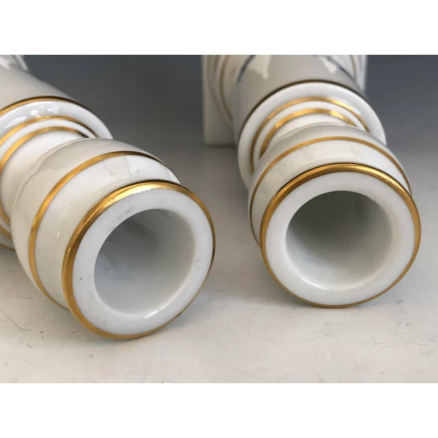 1930s Pair of Meissen Porcelain Aquatinta Candlesticks Flower Insect Decor Gold Accent For Sale - Image 5 of 11