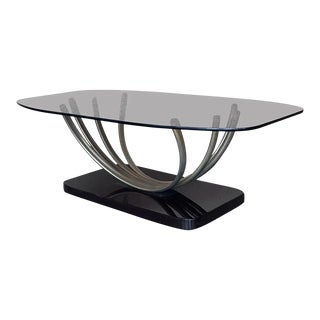Art Decó Chrome Coffee Table With Fumé Glass Top and Ebonized Base For Sale