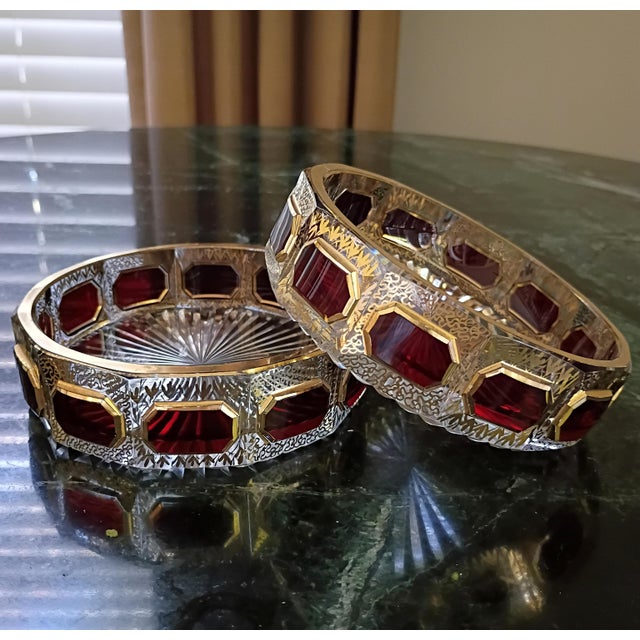 Art Deco 1920s Moser Art Deco Czech 24k Gold & Ruby Cabochon Crystal Pair of Ashtrays For Sale - Image 3 of 10