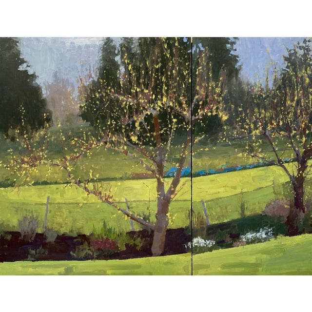 Backyard, Early Spring by Riley Doyle | Oil on panels Landscape with trees and green fields. For Sale