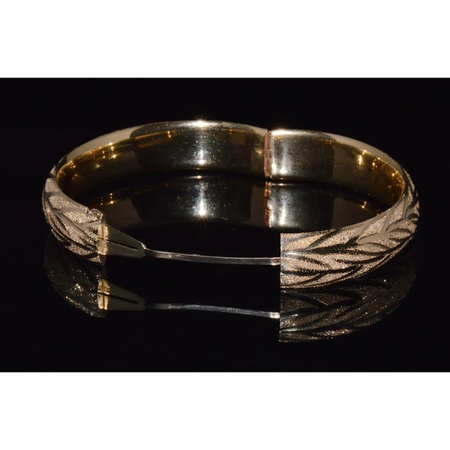 Gold Gorgeous 14k Solid Gold Engraved Leaves Stacking Bangle Bracelet For Sale - Image 8 of 13