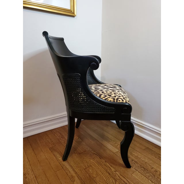 Vintage Regency Style Cane Back Barrel Chair With Leopard Seat For Sale - Image 4 of 7