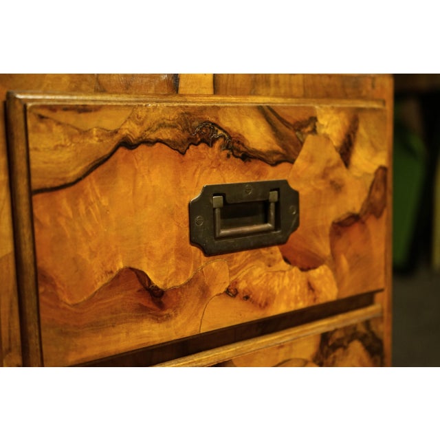 1930s Petite 4 Drawer Burl Olivewood Campaign Style Chest For Sale - Image 5 of 9
