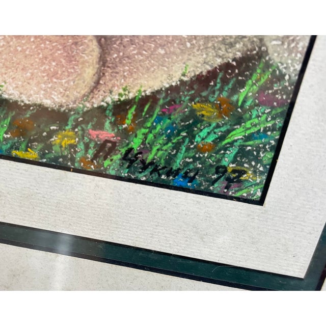 1997 nude woman painting in gold wood frame. Signed at bottom corner by artist. Some wrinkling/fading in margin/mat area...