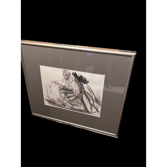 1960s Vintage Chinese Ink Figure Painting of Elderly Man With Pipe, Signed & Sealed, Framed For Sale - Image 5 of 12