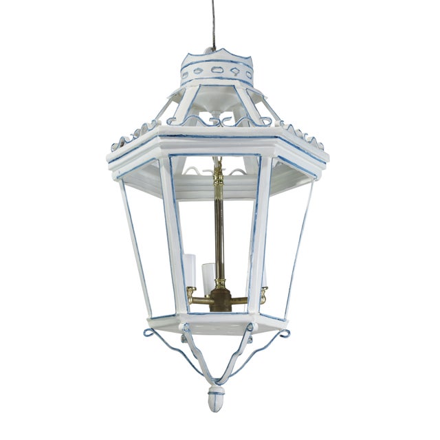 Traditional A Vintage-Style Venetian Chandelier in White and Blue Tones, Featuring Three Lamps. For Sale - Image 3 of 12