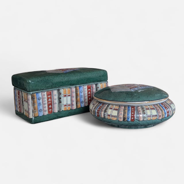 Vintage Maitland Smith Style Stacked Book Ceramic Keep All Boxes- A Pair For Sale - Image 12 of 17