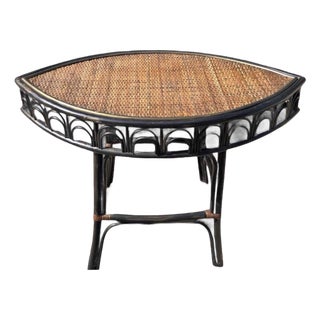 Vintage Black Rattan & Woven Wicker Demilune Console Table For Sale