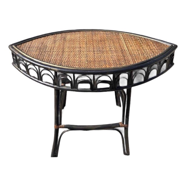 Vintage Black Rattan & Woven Wicker Demilune Console Table For Sale