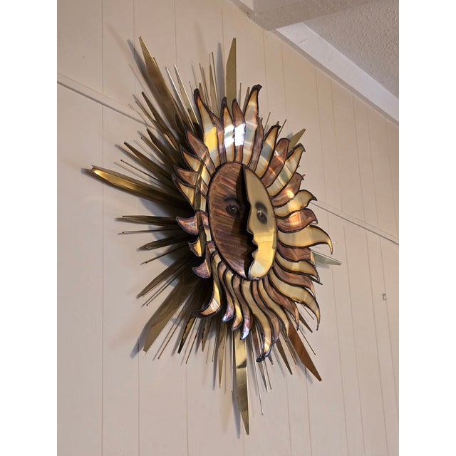 Metal Vintage MCM Brutalist Metall Brass Wall Sculpture by Curtis Jere "Sun and Moon" For Sale - Image 7 of 8