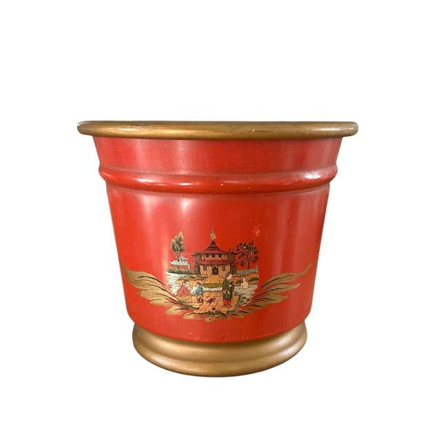 Chinoiserie Vintage French Tole Chinoiserie Gilt & Orange Cache Pot / Jardinere / Planter, a Pair For Sale - Image 3 of 10