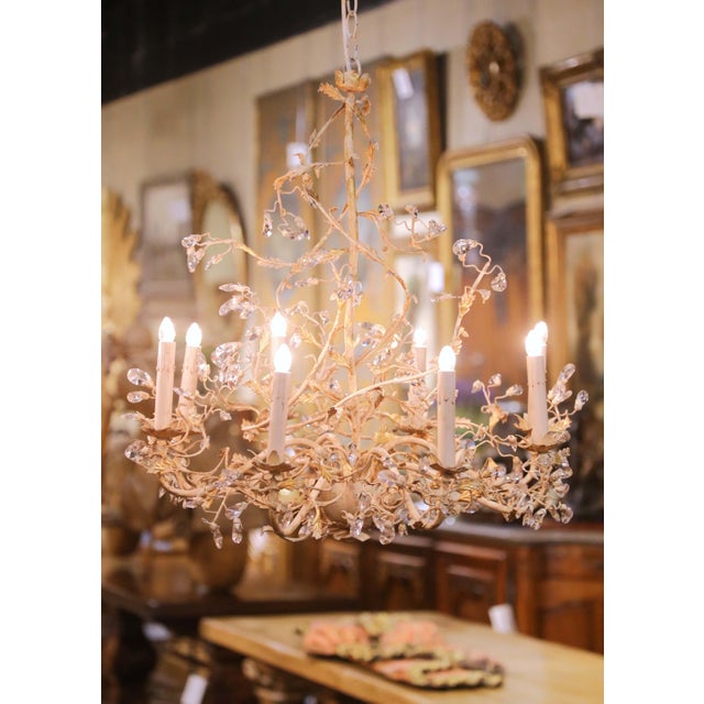 Pair of French Louis XV Painted Tole and Crystal Eight-Light Chandeliers For Sale - Image 9 of 13