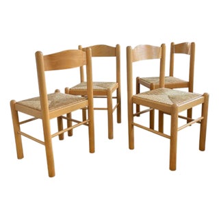 Set of 4 Mid 20th Century Italian Country Rush Seat Dining Chairs, Mid-Century Modern For Sale