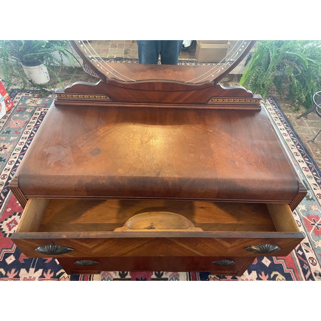 Art Deco Waterfall Vanity - 3 Drawer Dresser - Walnut Inlays - Original Etched Mirror, c.1935 For Sale - Image 4 of 9