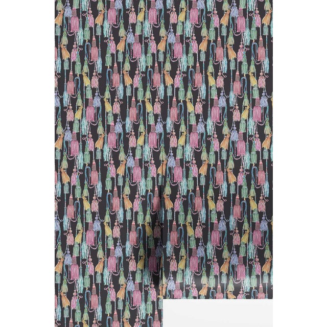 Tassel Trellis Grasscloth Wallpaper by House Party | Black Lacquer | 6 Yards For Sale