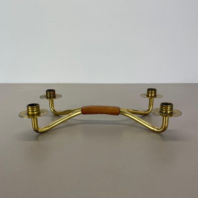Modern Brutalist Brass and Leather Candleholder in the style of Auböck, 1950s For Sale - Image 6 of 18