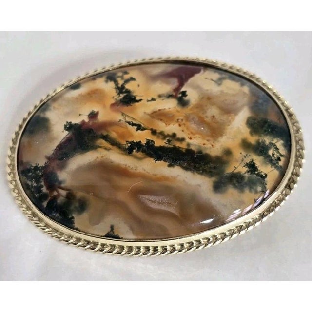 Vintage 9ct Yellow Gold Moss Agate Brooch, Sheffield, 1989 For Sale - Image 4 of 18