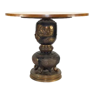 Early 20th Century Chinese Scenic Bronze and Brass Plaque Urn or Lantern-Turned Table