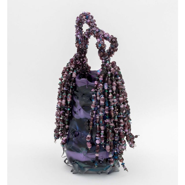 Laura Donefer (American/Canadian, b. 1955) "Amulet Basket" Glass Sculpture, purple glass with turquoise beads, signed "L....