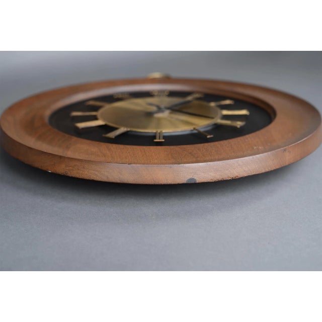 Large Round Danish Modern Sculpted Walnut & Brass Clock With Roman Numerals For Sale - Image 11 of 13