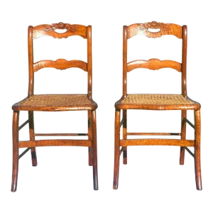 Pair of Antique Federal Period Tiger Maple Side Chairs With Rose Carved Crests